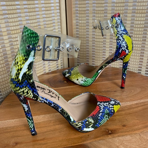 🔶Lemon Drop Zaya Ankle Strap Multi Color Pumps Pointed Toe High Heels Size 7 - Picture 3 of 7